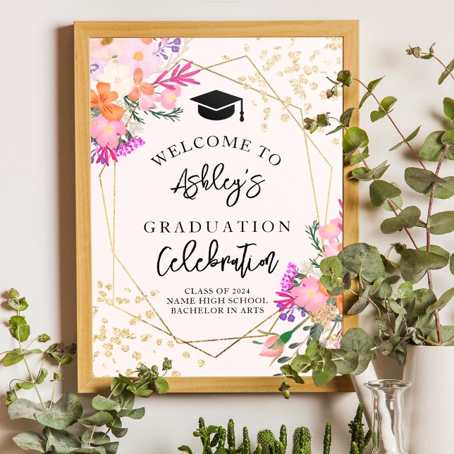 Gold glitter floral watercolor graduation welcome poster (Gold glitter floral watercolor graduation welcome poster)