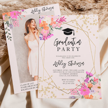 Gold Glitter Floral Watercolor Photo Graduation Invitation by girly_trend at Zazzle