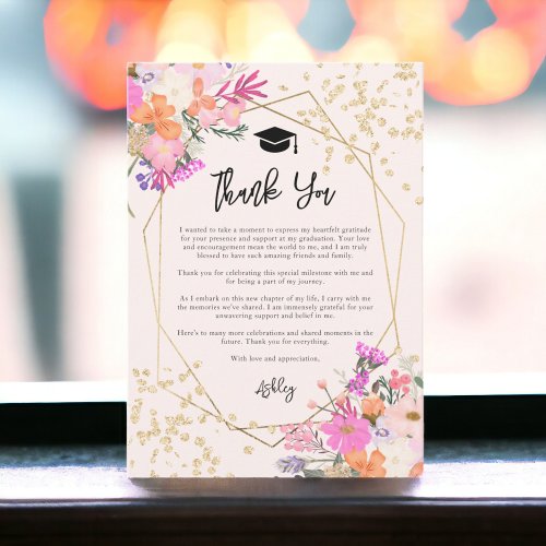 Gold glitter floral watercolor photo graduation thank you card