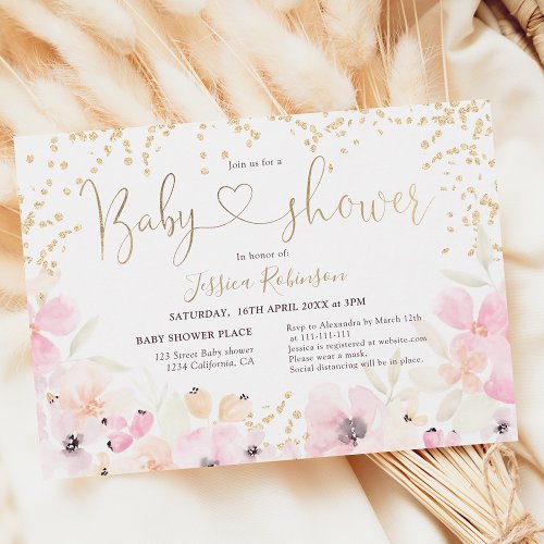 Gold glitter floral watercolor pink baby shower invitation