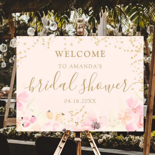 Gold glitter floral watercolor pink bridal welcome foam board