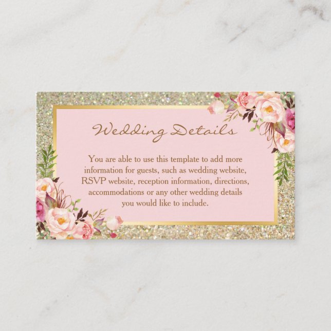 Gold Glitter Floral Wedding Details Insert Card (Front)