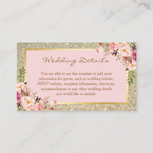 Gold Glitter Floral Wedding Details Insert Card