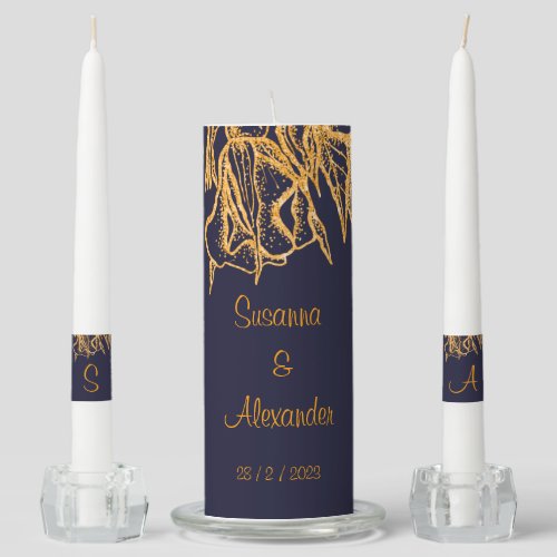 Gold Glitter Florals Dark Blue Monogrammed Wedding