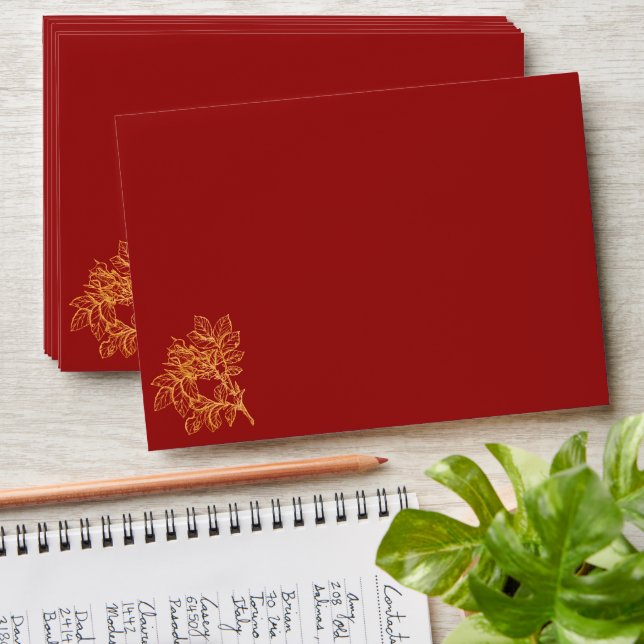 Gold Glitter Florals Dark Red Envelope (Stacked)