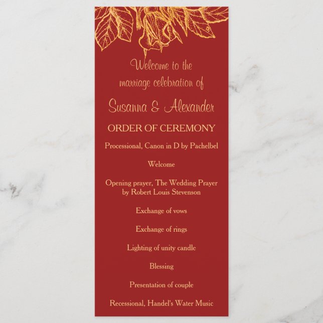 Gold Glitter Flowers and Dark Red Wedding Program (Front)