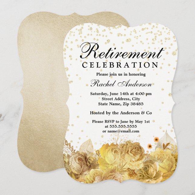 Gold Glitter Flowers Retirement Party Celebration Invitation (Front/Back)
