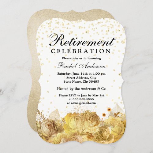 Gold Glitter Flowers Retirement Party Celebration Invitation