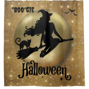 Gold Glitter Flying Witch Bougie Shower Curtain
