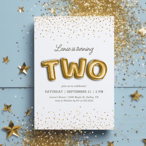 Gold Glitter Foil Balloon 2nd Birthday Invitation