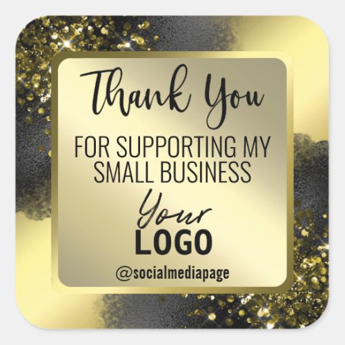 Gold Glitter Foil Black Thank You Business Logo Square Sticker