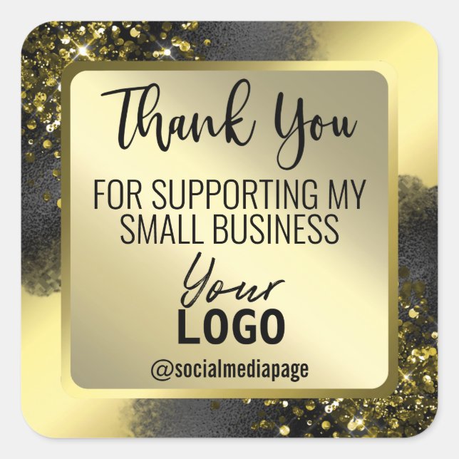 Gold Glitter Foil Black Thank You Business Logo Square Sticker (Front)