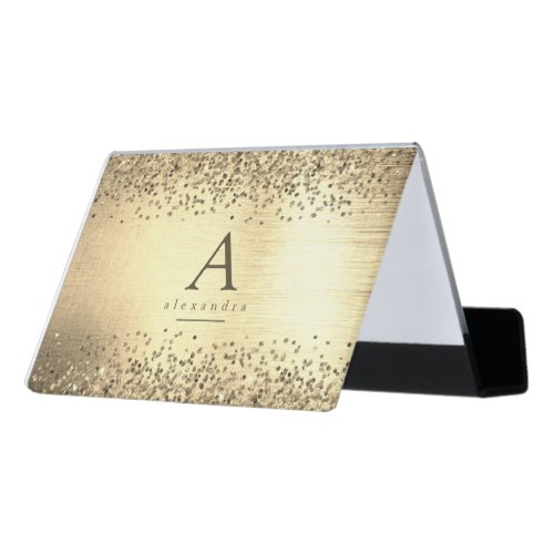 Gold Glitter Foil Monogram Desk Business Card Holder