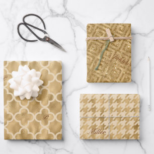 Gold Glitter Foil Pattern Monogrammed Christmas Wrapping Paper Sheets