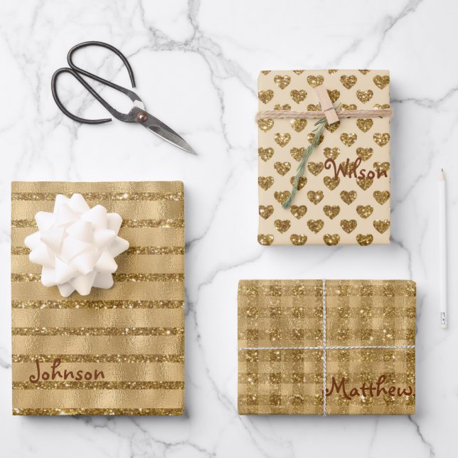 Gold Glitter Foil Pattern Monogrammed Christmas Wrapping Paper Sheets (Front)