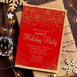 Gold glitter foil red confetti corporate Christmas Invitation