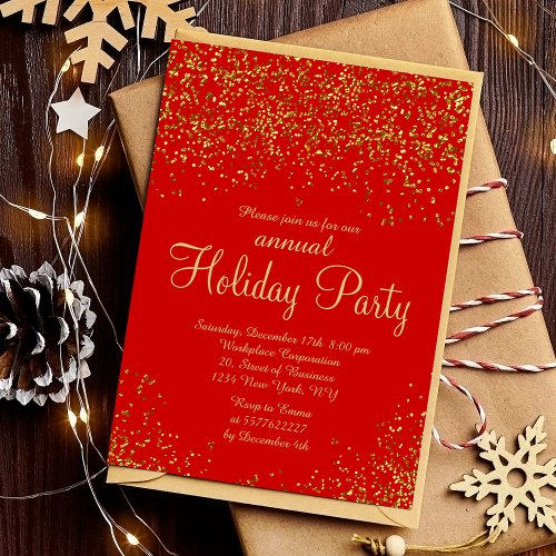 Gold glitter foil red confetti corporate Christmas Invitation