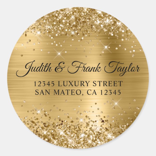 Gold Glitter Foil Return Address Classic Round Sticker (Front)