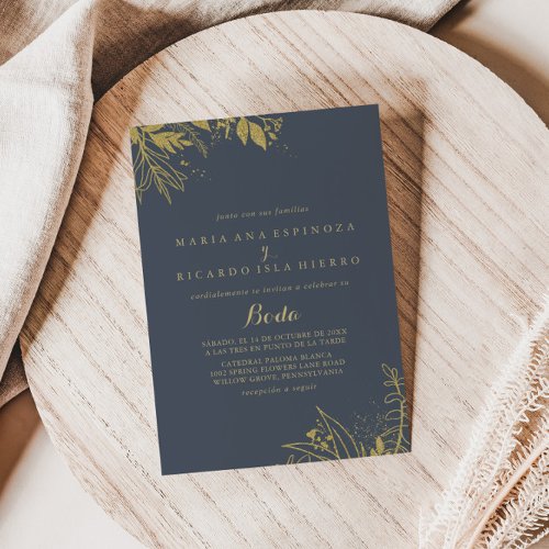 Gold Glitter Foliage Blue Spanish Wedding Boda Invitation