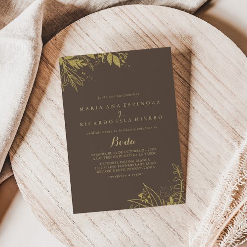 Gold Glitter Foliage Spanish Wedding Boda Invitation