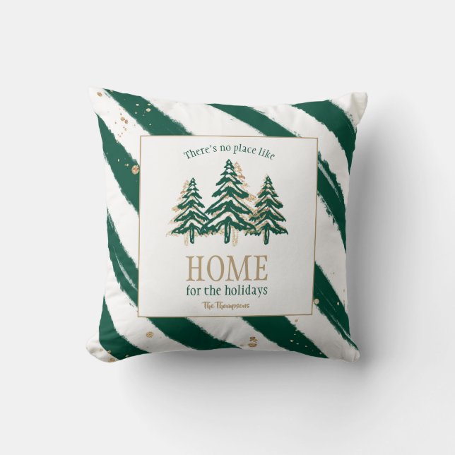 Gold Glitter & Forest Green Pine Tree Christmas Throw Pillow (Front)