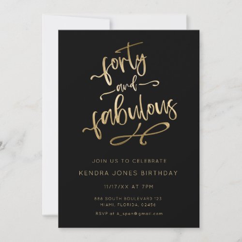 Gold Glitter Forty And Fabulous Birthday Invitation