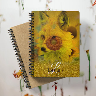 Gold Glitter Fox Sunflower Monogram Name  Notebook
