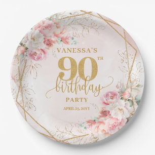 Gold Glitter Frame Blush Floral 90th Birthday Paper Plates