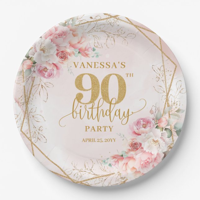 Gold Glitter Frame Blush Floral 90th Birthday  Paper Plates (Front)
