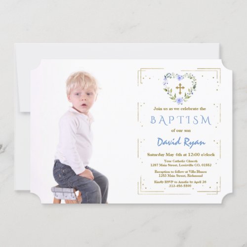 Gold Glitter Frame Cross Floral Boy Photo Baptism Invitation