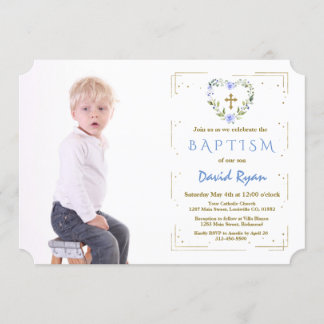 Gold Glitter Frame Cross Floral Boy Photo Baptism Invitation