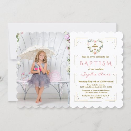 Gold Glitter Frame Cross Floral Girl Photo Baptism Invitation