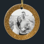 Gold Glitter Frame Holiday Christmas Ornament<br><div class="desc">A modern frame of faux gold glitter sparkles and shines on this custom Christmas ornament featuring your personal photo on one side and easily customized template text on the back. Commemorate the year with this personalized ornament or give to family as a unique holiday keepsake.</div>