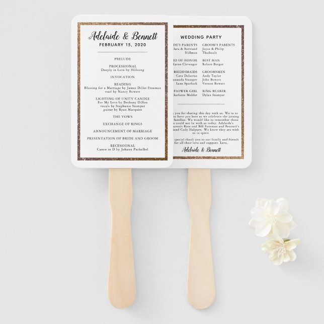 Gold Glitter Frame Wedding Program Fan (Front and Back)