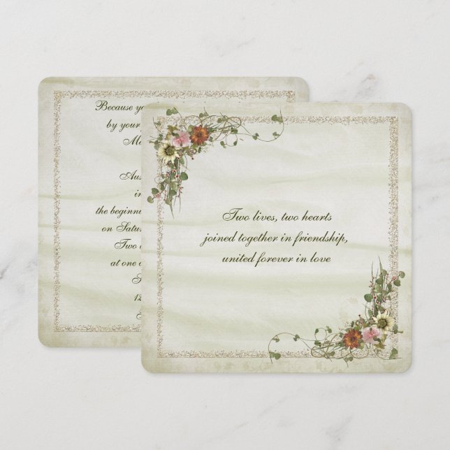 Gold glitter frame with floral bouquet invitation (Front/Back)