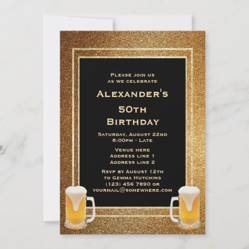 Gold Glitter Framed  Beer Invitation