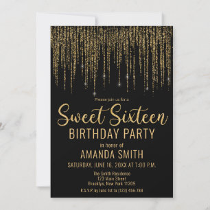 Gold Glitter Fringe Curtain Sweet 16 Invitation