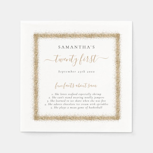 Gold Glitter Fun Facts Name Date 21st Party Napkins (Front)
