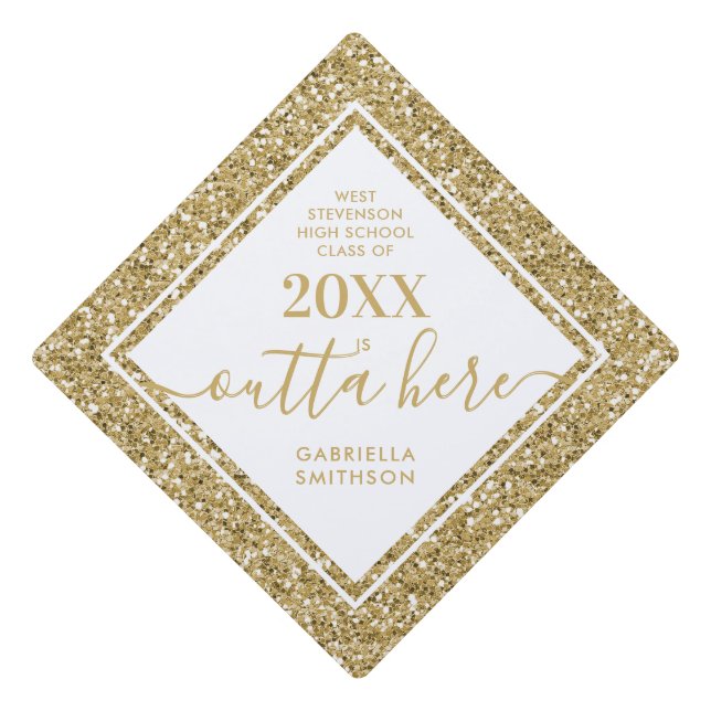 Gold Glitter Funny Outta Here Printed Graduation Cap Topper (Front)