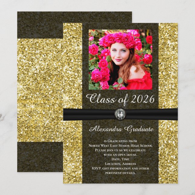 Gold Glitter Gem Photo Class of 2026 Graduation Invitation (Front/Back)
