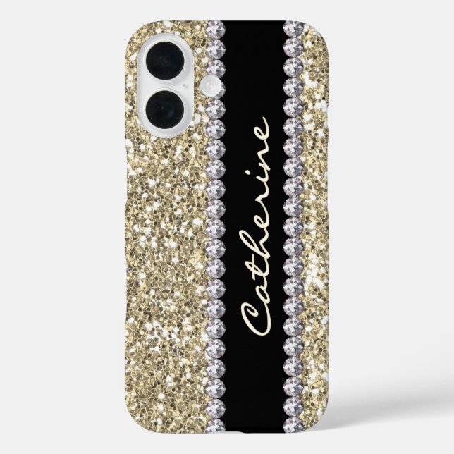 Gold Glitter Gems with Name and Mongram Case-Mate iPhone Case (Back)