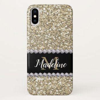 Gold Glitter Gems With Name And Mongram Iphone Xs Case by CoolestPhoneCases at Zazzle