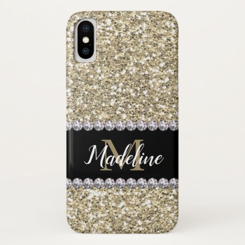 Gold Glitter Gems with Name and Mongram iPhone XS Case