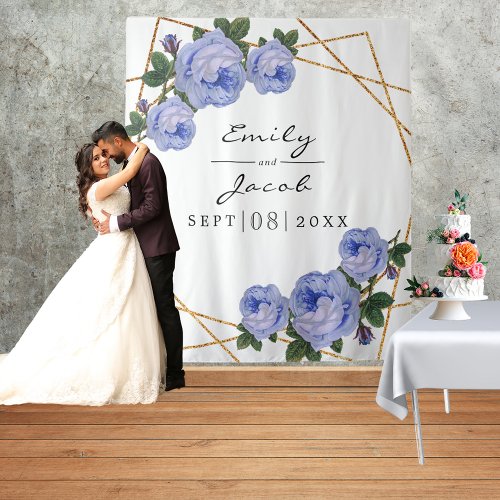 Gold Glitter Geo Blue Floral Photo Backdrop Sign