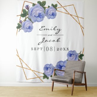 Gold Glitter Geo Blue Floral Photo Backdrop Sign