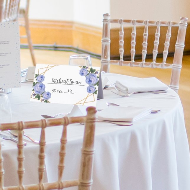 Gold Glitter Geo Blue Floral Wedding Couple Folded Place Card (Creator Uploaded)