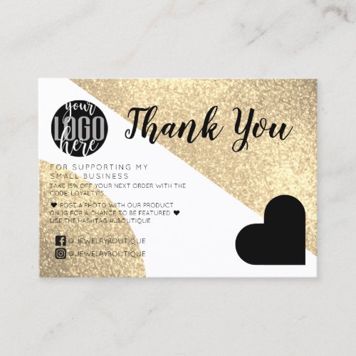 Gold Glitter Geo Heart Logo Customer Thank You Business Card