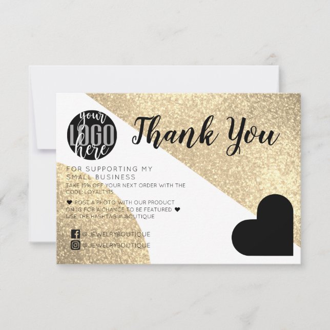 Gold Glitter Geo Heart Logo Customer Thank You Card (Front)