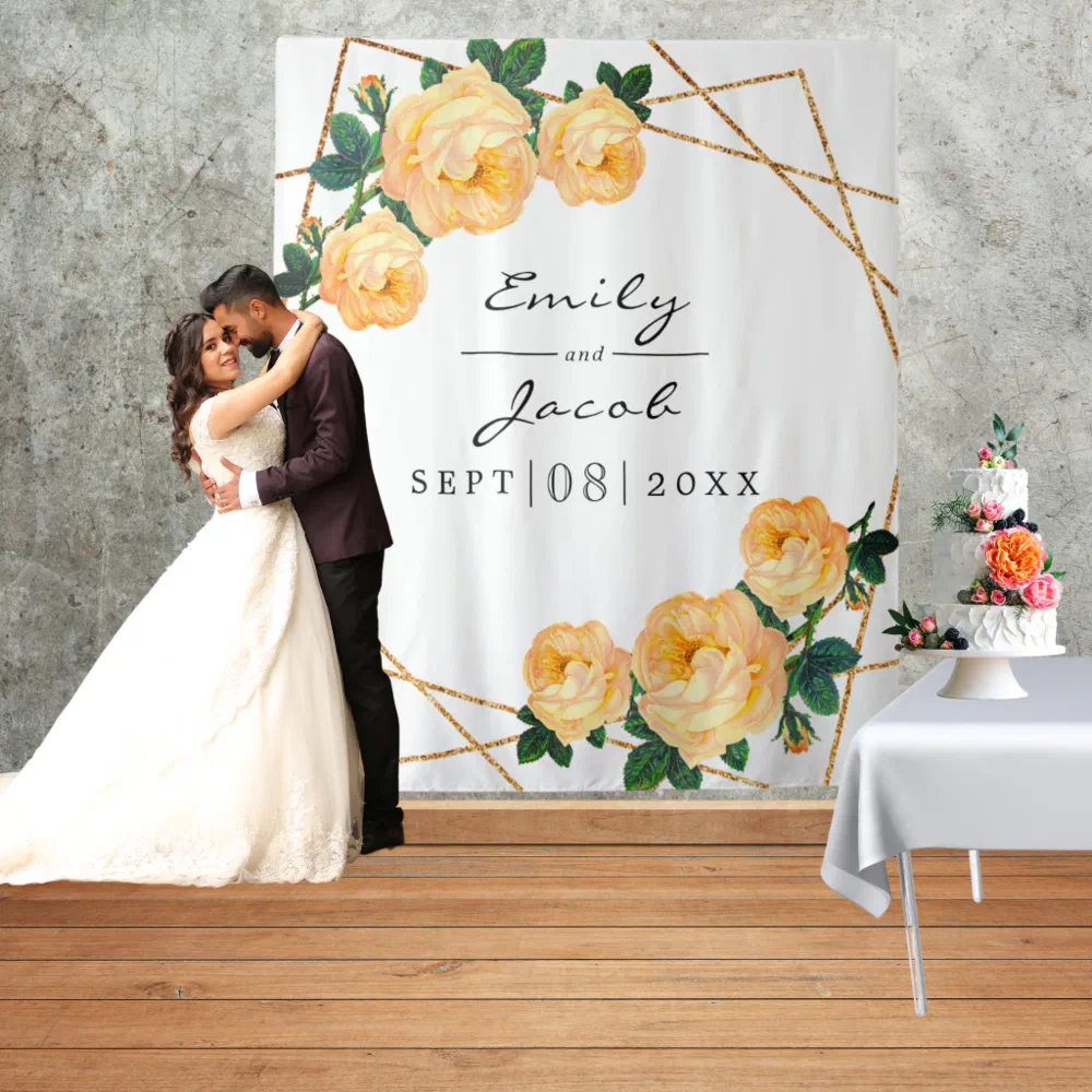 Gold Glitter Geo Orange Floral Photo Backdrop Sign