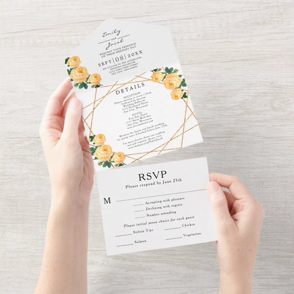 Gold Glitter Geo Orange Floral Wedding RSVP Photo All In One Invitation